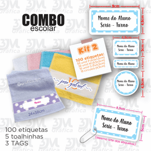 COMBO - Escolar 2025      KIT 2 + 5 Toalhinhas + 3 TAGS
