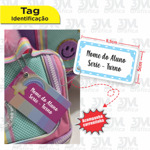 Tag Escolar - kit com 2 unidades Placa PS + Vinil 8,5 x 5cm   Acompanha correntinha de bolinha Kit com 2 unidades