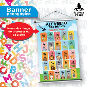 Banner pedagógico - Alfabeto dos animais Lona    Madeira + Cordinha 