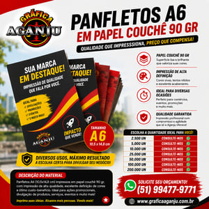 Panfleto A6 (Tamanho 10,5 x 14,8) Papel Couchê 90 gr Brilho 4x4 cores Couchê 90gr 10,5 x 14,8 4x4   