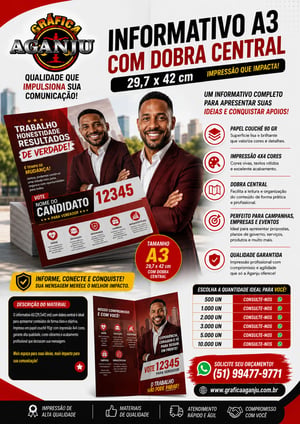 Informativo A3 com dobra central (Tamanho 29,7 x 42) Papel Couchê 90 gr Brilho 4x4 cores Couchê 90gr 29,7 x 42 4x4   