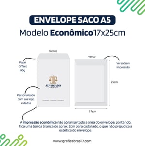 ENVELOPE MEIO SACO A5 17x25cm Branco c/ Logo - Econômico Sulfite 90g 17x25cm 4x0 Impressão colorida do logo por fora, aba e dentro branco Sem Verniz Corte-vinco-cola 