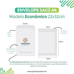 ENVELOPE SACO A4 22x32cm Branco c/ Logo - Econômico Sulfite 90g 22x32cm 4x0 Impressão colorida do logo por fora, aba e dentro branco Sem Verniz Corte-vinco-cola 