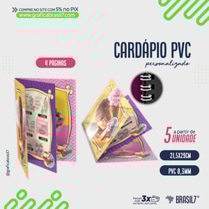 CARDÁPIO 4 PÁGINAS 21x29CM  PVC 0,3MM PVC 0,3mm 13X21CM 4x4 Impressão Frente e Verso. Brilho Total UV Duplo anel wire-o 