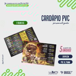 CARDÁPIO 1 FOLHA A3 em PVC 0,76mm 45x30cm PVC Branco 0,76mm 45x30cm 4x4 Impressão F/V 1 Folha (2 páginas) - Laminado V/F 4 cantos arredondados 