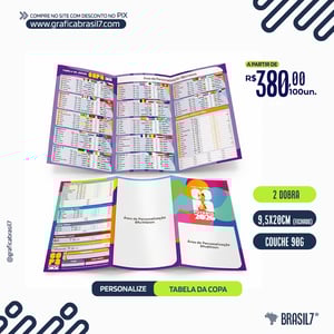 Tabela da Copa 2 DOBRAS 9,5x20cm Couché Brilho 90g 9,5x20 cm (fechada) | 28x20cm (aberta) 4x4  colorida F/V Sem verniz 2 Dobras (6 partes) 