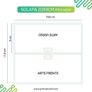 SOLAPA Lapela 20x9cm Sem Verniz Couchê Brilho 250g. 19,6x9cm fechado | 19,6x17,9cm Aberto 4x0 Impressão por fora Verniz Total Frente. Vinco central + Furo Padrão