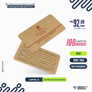 CERTIFICADO DE GARANTIA 9x5cm Kraft Papel Kraft 280g 8,8x4,8cm. 4x4 Impressão Frente e Verso. Verniz Total Frente. Corte Reto. 