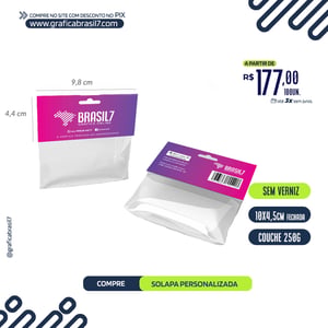 SOLAPA Lapela 10X4,5 Sem Verniz Couchê Brilho 250g. 9,8x4,4cm Fechado | 9,8x8,8cm Aberto 4x0 Impressão por fora Sem Verniz. Vinco central + Furo Padrão