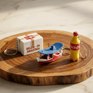 Kit Amazônia em Miniatura – 3 Chaveiros Regionais (Garrafa de Tucupi + Barco Popopô + Isopor)