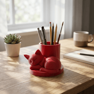 Porta‑Caneta Gato 3D PLA – rígido, liso, com acabamento de qualidade 10x6 Vermelho   
