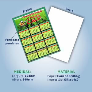 CALENDÁRIO DE PAREDE COM FURO DUPLEX 300G 27x20 4X0 VERNIZ TOTAL FRENTE CORTE RETO 