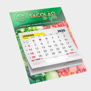 CALENDÁRIO DE PAREDE COM FURO E BLOCO DE FOLHAS DE CALENDÁRIO SUPREMO 300G 27x20 4X0 VERNIZ TOTAL FRENTE CORTE RETO FURO + BLOCO 12 MESES