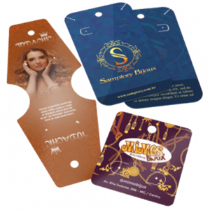 CARTELA PERSONALIZADA PARA BIJUTERIA Couchê 250g  4x0 UV TOTAL FRENTE  ATENÇÃO: O MODELO CINTURADA COM BRINCO DE 13x5cm NÃO TEM 2000 UNIDADES, SENDO APENAS 500 E 1000