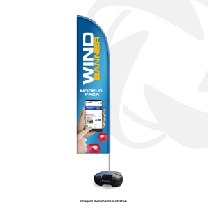 Wind Banner Tam. 240cm de altura Tecido 1,90 x 0,67, Haste em fibra de vidro ou aço galvanizado, Base em plástico e Furo Central 3/4. Alturas; 2,40m 4x0 ou 4x4  Gota, pingo, faca e asa. Modelo e cor de base pode variar de acordo com estoque.