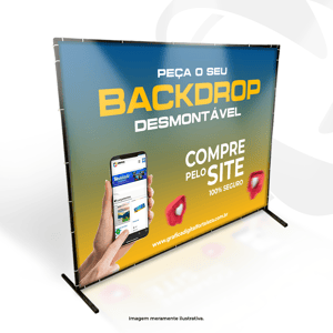 BACKDROP METALON DESMONTÁVEL Lona fosca com ilhós e estrutura em metalon Lona Tam. 190x190cm ou 290x190cm 4x0 Pintura preta Material Resistente A arte deve ser produzida com 10cm a menos em cada lado, garantindo melhor tensionamento e encaixe na estrutura