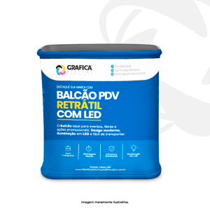 Balcão retrátil com iluminação LED Base em plástico com estrutura em alumínio 93x90x40cm 4x0 Tecido Helanca Colegial Acompanha bolsa de transporte
