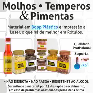 Etiquetas Molhos, Temperos e Pimentas Adesivo Bopp Plástico 8x7,5 cm Colorido  Corte Redondo ou Quadrado 