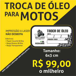 Etiqueta Personalizada Troca de Óleo Motos Bopp (plástico) 5,5x3 cm Colorido  Corte Especial Cola Extra Forte