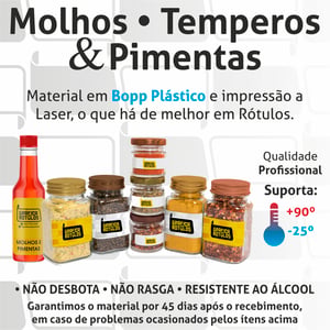 Etiquetas Molhos, Temperos e Pimentas Adesivo Bopp Plástico 20x3,5 cm Colorido  Corte Redondo ou Quadrado 