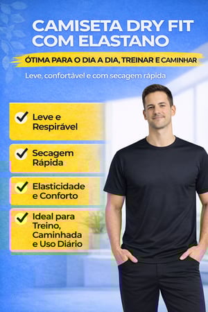 Camiseta Dry Fit com Elastano Lisa  PP ao GG Dry Fit com Elastano (Poliéster Tecnológico) LISA   Corte reto, costura reforçada e ótimo caimento ecido respirável, elástico, secagem rápida e disponível em várias cores