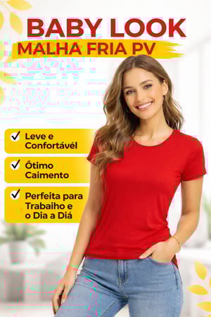 Baby Look Malha Fria PV Lisa MALHA FRIA LISA PRETA  Gola Careca, Reforço na Costura Toque macio • Tecido leve • Secagem rápida • Não amassa fácil • Ótimo caimento • Ideal para dia a dia e trabalho