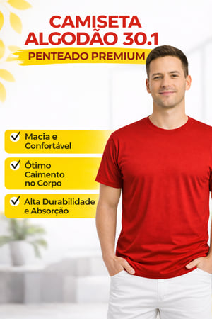 Camiseta Algodão Premium 30.1 Lisa (PP ao GG) Malha de Algodão LISA  Penteado 30.1 Reforço Ombro a Ombro Gola reforçada e excelente durabilidade