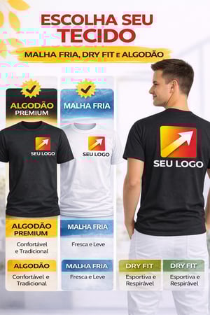 Camiseta Personalizada Algodão, Dryfit, Malha Fria Algodão, Dry Fit, Viscolycra e Malha Fria Conforme opção de estampa escolhida (10 cm ou 25 Cores vivas, alta definição e ótima fixação SILk Screen ou DTF Estampa resistente, toque macio e excelente durabilidade 