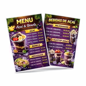 Cardápio A4 frente e verso PS 2mm 21x29,7 4x4 Laminação brilho Corte reto 