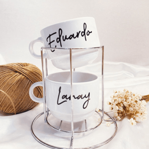 Kit 2 Xícaras de 200ml e Suporte de Metal PORCELANA   Brilho  Qualidade Fotografica