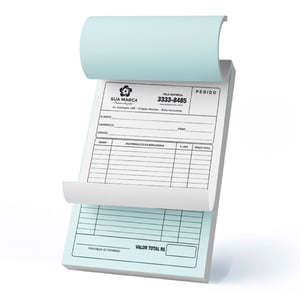 Bloco com 2 Vias Papel Autocopiativo 53gr 14x20cm 1x0 cor Preto Sem verniz Blocado, 2 Grampos, Picote nas 2 vias, corte e refile Numerador