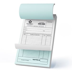 Bloco com 2 Vias Papel Autocopiativo 53gr 10x15cm 1x0 cor Preto Sem verniz Blocado, 2 Grampos, Picote nas 2 vias, corte e refile Numerador