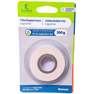 FITA ADESIVA D. FACE - KORETECH  -  18X1,5MT ESPUMA - ATÉ 440G 18X1,5 MT BRANCA FITA BANANA AMBIENTE INTERNO 