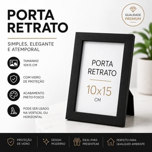 Porta Retrato - 10x15 com vidro Madeira de reflorestamento 10x15 cm Preto, Branco, Dourado   