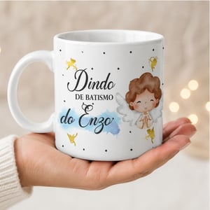1 Caneca Padrinhos de Batismo - Dindo ou Dinda Porcelana 325ml 8 cm de diâmetro e 9,5 cm de altura Branca - Imagem impressa: 21,5 cm x 9,5 cm Sublimação  OPÇÃO 2 CANECASPERSONALIZAÇÃO DO NOME DA CRIANÇA