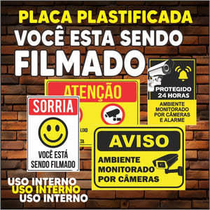 PLACA AVISO (VOCÊ ESTA SENDO FILMADO) - PLASTIFICADA - TAM. (15x21 cm) IMPRESSÃO PAPEL COUCHÊ 90G 15 X 21CM  PLASTIFICAÇÃO 10MM COM FITA DUPLA FACE PLACA INDICADA PARA USO INTERNO