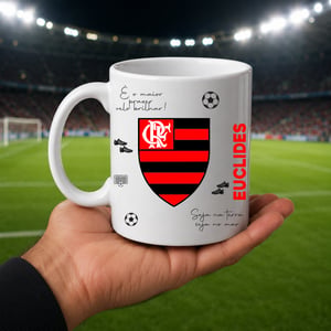 Caneca Branca Personalizada - Flamengo (tema: 2) Cerâmica 8 cm de diâmetro e 9,5 cm de altura Branca Sublimação  NOME PERSONALIZADO