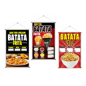 Banner prontos modelos variados tema: Batata Frita Lona 280g   Brilho Madeira e cordinha 