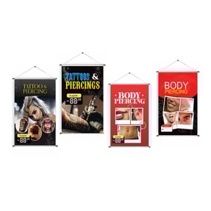 Banner prontos modelos variados tema: Body Piercing Lona 280g   Brilho Madeira e cordinha 