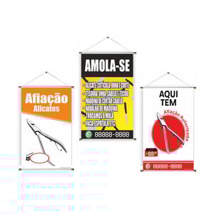banner prontos modelos variados tema: Alicate Lona 280g   Brilho Madeira e cordinha 