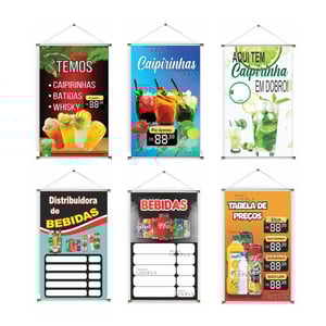 Banner prontos modelos variados tema: Distribuidora de bebidas Lona 280g   Brilho Madeira e cordinha 