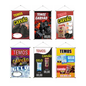 Banner prontos modelos variados tema: Carvão/Gelo Lona 280g   Brilho Madeira e cordinha 