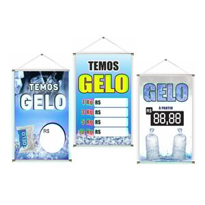 Banner prontos modelos variados tema: Gelo Lona 280g   Brilho Madeira e cordinha 