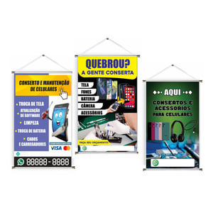 Banner prontos modelos variados tema: Assistência Técnica Celular Lona 280g   Brilho Madeira e cordinha 