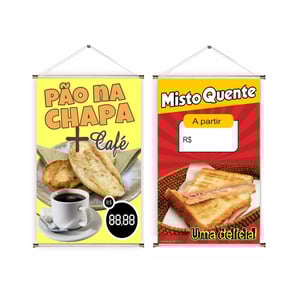 Banner prontos modelos variados tema: Pão na chapa Lona 280g   Brilho Madeira e cordinha 