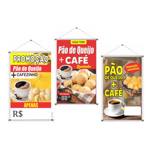 Banner prontos modelos variados tema: Pão de queijo Lona 280g   Brilho Madeira e cordinha 