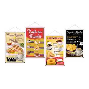 Banner prontos modelos variados tema: Café da manhã Lona 280g   Brilho Madeira e cordinha 