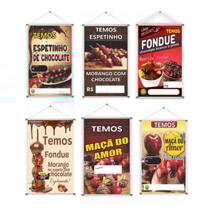 Banner prontos modelos variados tema: Chocolate Lona 280g   Brilho Madeira e cordinha 