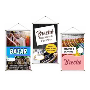 Banner prontos modelos variados tema: Brechó Lona 280g   Brilho Madeira e cordinha 