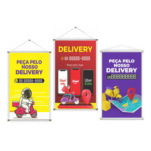 Banner prontos modelos variados tema: Delivery Lona 280g   Brilho Madeira e cordinha 